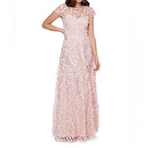 Xscape Dress Womens 12 Pink Floral Applique Mesh Maxi Formal Evening Gown 2328X